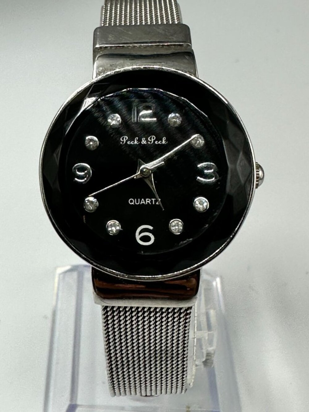 3/$30 Peck & Peck Watch Women Silver Tone Black Dial Mesh Band 8.5 Inch